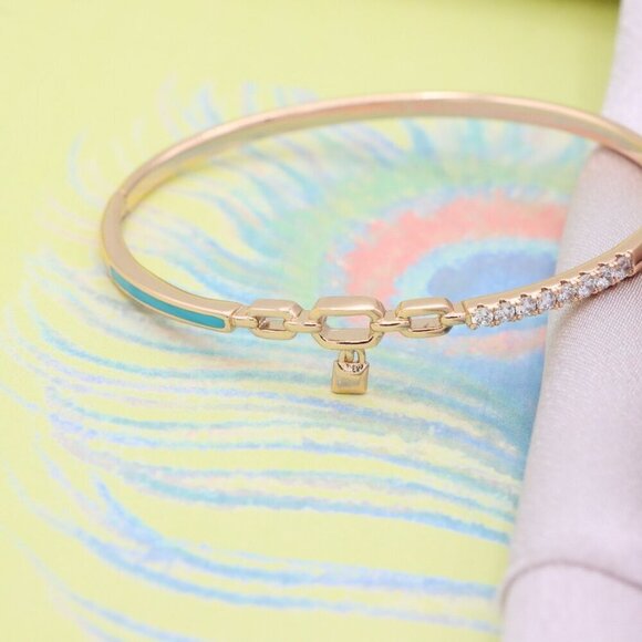 Chic Rose Gold Bangle with Lock Charm and Blue Enamel Accent, XPBL0432 - Picture 4 of 10